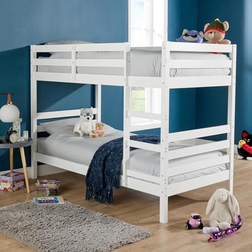 Image of Home Source Single Kids Bunk Bed With Ladder, 3ft Children's Solid Pine Frame, White