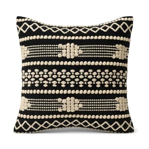 Image of Cushion Cover with Handwoven Tufted Design 45x45 | Black & Beige Cotton Decorative Pillow Cover for Sofa, Bed & Living Room | Boho Ethnic Textured Square Cushion Cover
