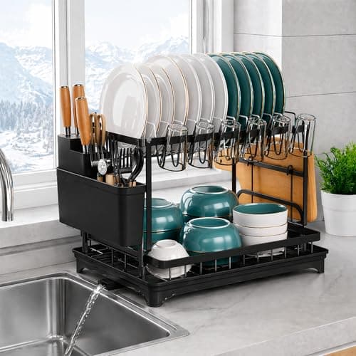 Image of UR CHOICE 2-Tier Dish Drainer Rack with Drip Tray – Rustproof Metal Dish Drying Rack for Kitchen Counter, Plate Rack with Cutlery Holder, Space-Saving Washing Up Rack, Black, 44 x 30.5 x 32 cm