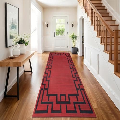 Image of Hafaa Carpet Runners for Living room Red Runner Rugs for Hallway Non-Slip long 80 x 300 cm – Greek Key Style Modern Low Pile Bedroom Carpet (Lexi)