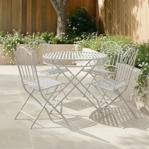 Image of CHARLES BENTLEY 4 Seater Garden Bistro Set, Grey, Rustic Metal, Decorative, Foldable Chairs & Table, Lightweight, Weather Resistant, Outdoor, Patio, Balcony, Decorative Seating, Easy to Move (90x74cm)