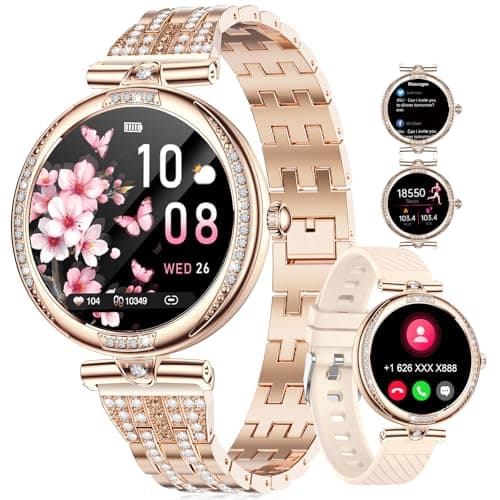 Image of HIRREO FV4 Diamond Smart Watch for Women, 1.19" AMOLED HD Display, 100+ Sports Mode Fitness Tracker, 5ATM Waterproof/Pedometer/Sleep Smartwatch, Ladies Smart Watches for iOS Android, Rose Glod