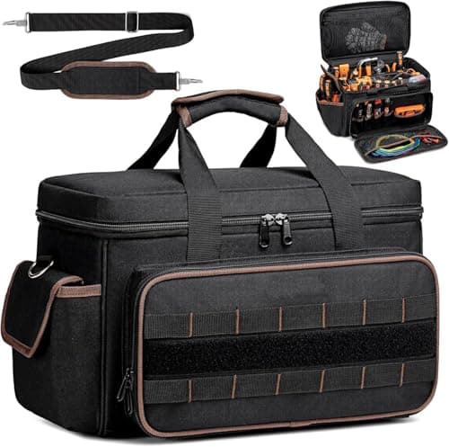 Image of 17-Inch Heavy Duty Electrician Tool Bag, Durable with Reinforced Stitching, Hard Base, Waterproof & Adjustable Strap, 28 Storage for Tradespeople