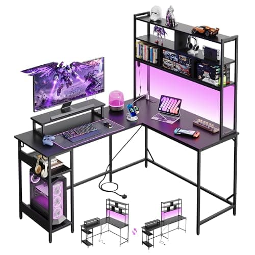 Image of DEVAISE 152cm L Shaped Gaming Desk with Hutch, Reversible Computer Desk with LED Light, 3-Tier Shelves, 2 AC+2 USB Outlet and Monitor Shelf, Corner Desks with Storage for Home Office, Black
