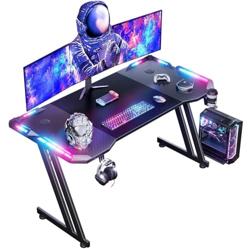 Image of DLONGONE Gaming Desk with LED Lights, 120 x 60 cm Gaming Table Z Shaped, Gamer Desk with Carbon Fiber Coated, Gaming PC Table with Headphone Hook and Cup Holder, Computer Desks Easy to Assemble, Black