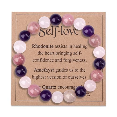 Image of AWARDSEN Self-Love Crystal Bracelet, Rhodonite Amethyst & Rose Quartz Beaded Bracelet for Women Men, Healing Gemstone Jewellery for Heart Healing, Self-Confidence & Forgiveness