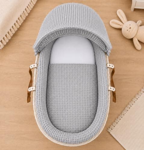 Image of For Your Little One Moses Basket Bedding Set – Waffle & Dimple Designs with Hood, Quilt & Bumper | Soft & Breathable (Moses Basket Not Included!) (Waffle, Grey)