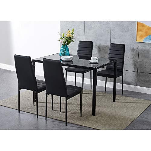 Image of Panana Glass Dining Table and Faux Leather Chairs Dining Room Kitchen Furniture Set (Table120cm + 4 Black Chairs)