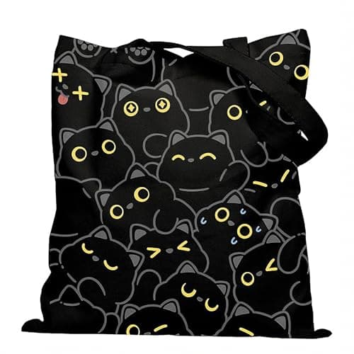 Image of Embhlitfe Cat Tote Bag, Black Cat Canvas Tote Bag with Magnetic Snap, Cute Cat Handbag for Women, Reusable Shopping & Beach Bag for Work, School, Gifts
