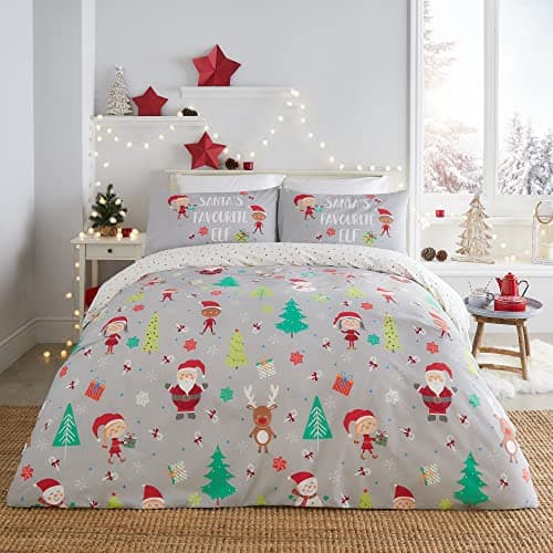 Image of Fusion Santa’s Favourite Elf Duvet Cover Set – Single Size 140x200cm – Reversible Christmas Design – 1 Pillowcase – Polka Dot and Elf Print – Festive White Bedding for Kids – Easy Care