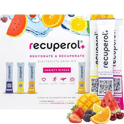 Image of Recuperol - Rehydration Electrolyte Sachets - Variety 12 Pack - 6 Natural Flavours for Recovery - Hydration Powder with Zinc, Vitamin C, B12, D3 & Potassium - Sugar Free, Vegan & Low Calorie