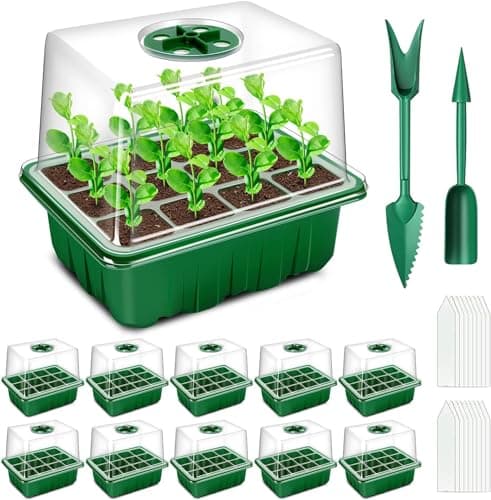 Image of YAUNGEL Seed Trays, 10 Pack 120 Cells Propagator with Heightened Lids, Growing Thicken Seedling Starter Growing Trays with Adjustable Window for Greenhouse & Gardens, Green