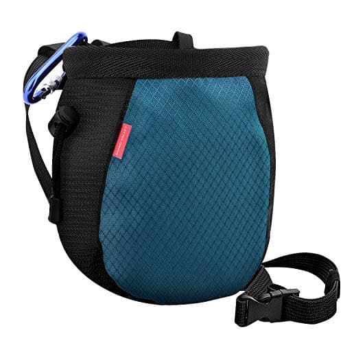 Image of Rhino Valley Climbing Chalk Bag, No Leak Drawstring Chalk Bag with Adjustable Belt, Carabiner Clip and Zippered Pockets Chalk Bag for Climbing, Cross Fit, Weight Lifting & More - Black & Royal Blue