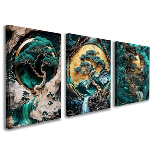 Image of Set of 3 Framed Canvas Wall Art 12x16 Inch Landscape Tree and Waterfall Abstract Green and Gold Artwork Modern Wall Canvas Pictures for Living Room Bedroom Hallway Decoration with Hooks and MagicTape