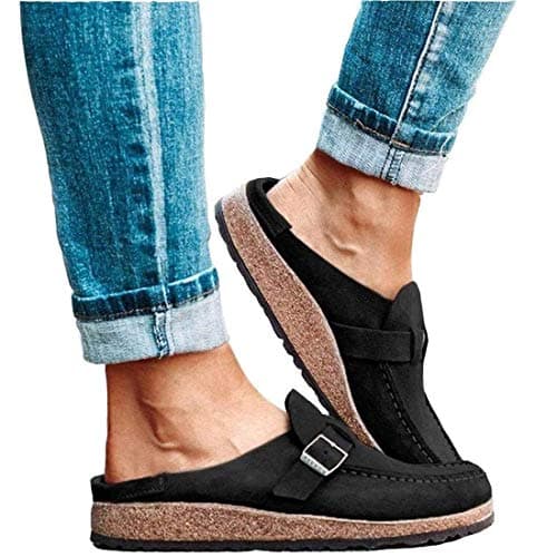 Image of FMOGE Womens Flat Mule Sandals Summer Clogs Suede Flat Slipper Round Toe Backless Slip on Loafer Shoes Comfy Closed Toe Lady Fashion Boat Shoes