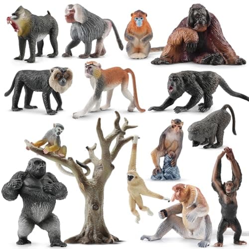 Image of toymany 15PCS Monkey Primates Figurines and Tree, Realistic Orangutan Figures, Jungle Animal Toys Included Ape Tree Chimpanzee Gorilla Orangutan, Educational Toy Cake Toppers Christmas Birthday Gift