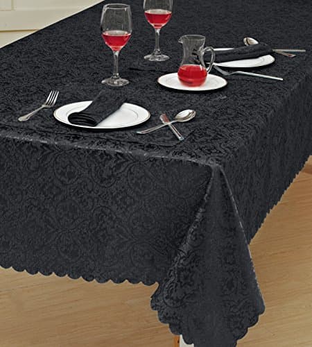 Image of Prime Linens Home Decorative Classic Damask Printed Jacquard Tablecloth Rectangle Round Runner Napkin Table Cover Cloth Protector for Kitchen Picnic (Black, Rectangle 70" x 108")