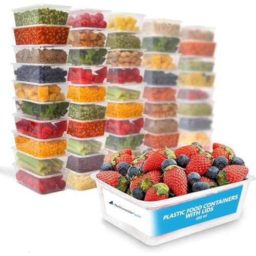 Image of Nationwide Paper 650ml-50 Pcs Plastic Food Containers with Lids, Rectangle Takeaway Containers for Meal Prep, Microwave and Freezer Safe, BPA Free