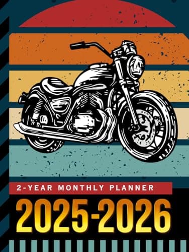 Image of 2-Year Monthly Planner 2025-2026: Hardcover / 8.5x11 Dated Organizer With 100 Blank College-Ruled Paper Combo / 24-Month Schedule Gift / Retro Colorful Motorcycle Bike Biker Biking Art Cover