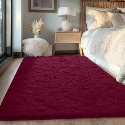 Image of FVVRAX 120x180cm Burgundy Red Shaggy Rug – Soft Fluffy Area Rug for Living Room & Bedroom, Non-Slip Plush Carpet for Kids, Nursery, Dorm, Machine Washable Large Floor Mat