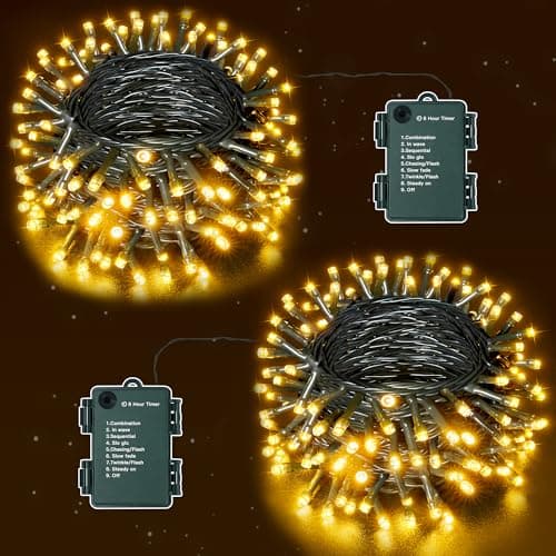 Image of Ollny Fairy Lights Battery Operated, 20M 200 LEDs Battery Powered String Lights, 2 Pack 10m Warm White Outdoor Lights Waterproof with 8 Modes/Timer for Indoor Bedroom Outside Garden Tree