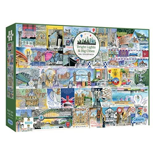 Image of Gibsons Bright Light & Big Cities 1000 Piece Jigsaw Puzzle for Adults - UK Cities by Val Goldfinch Colourful Landmark Art - Premium Sustainable Puzzle Made in the UK/EU