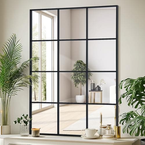 Image of LunaMirror 60x90 cm Rectangular Window Mirror Black Aluminum Frame Windowpane Wall Mirror for Indoor Living Room Hallway Entrance Outdoor Garden Decor