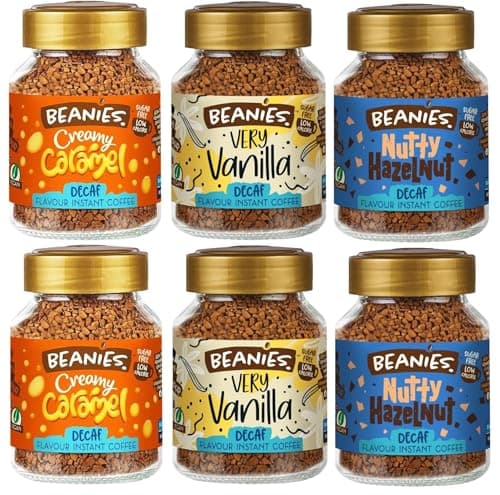 Image of Beanies Flavoured Instant Coffee Decaf Variety Pack - 6 x 50g jars - Creamy Caramel, Nutty Hazelnut and Very Vanilla