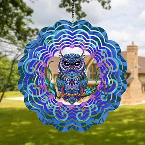 Image of Wind Spinners Outdoor, Owl Metal 3D Hanging Garden Decor, 30cm Stainless Steel Wind Spinner with Tail Spinner, Wind Sculptures for Indoor Patio Lawn Yard, Ornament Gift for Women/Men (Dark Purple)