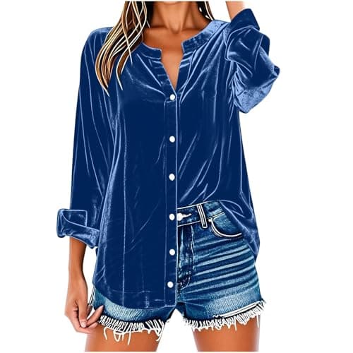 Image of Velvet Tops for Women UK Longline Button Down Blouse Plus Size Tunic Tops V Neck Casual Dress Blouse Elegant Business Office Work Tee Shirts Loose Rolled Long Sleeve Shirts Blue