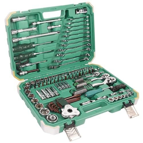 Image of Dawot 121pcs 1/2" 1/4" 3/8" Socket and Drive Tool Set Mechanics Tools Kit Ratchet Wrench Sockets Set Metric Drive Socket Set, 1/2" 1/4" 3/8" Drive Sizes with Plastic Toolbox
