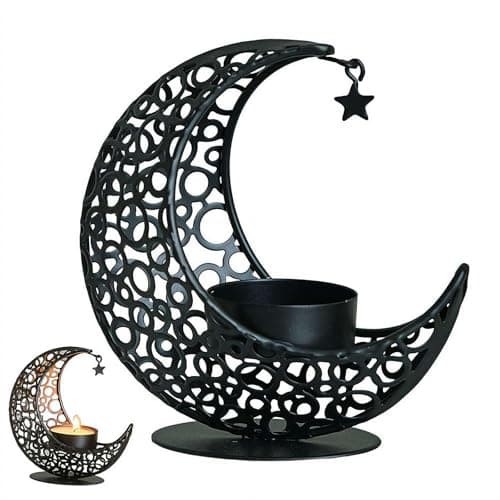 Image of Metal Crescent Moon Candle Holder - Islamic Ramadan Moon Decor Stand, 3D Moons and Stars Ramadan Hollowed Decorative Tea Light Stand, Eid Gift for Muslims, Islamic Decorations (Black)