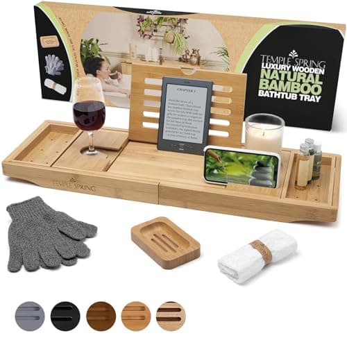 Image of Temple Spring Wooden Bath Tray, Bath Shelf Bathroom Accessory, Home Spa Boards for Adults, Bathtub Caddy, Bamboo Bathroom Accessories Set, Extendable Bathtub Rack with iPad & Phone Holder - Natural