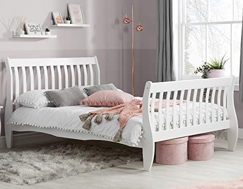 Image of White Wooden Bed, Happy Beds Belford High Foot End Sleigh Bed - 3ft Single (90 x 190 cm) with Pocket Sprung Mattress Included
