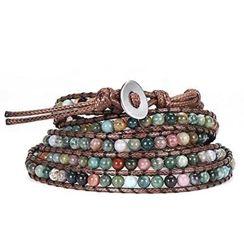 Image of Emibele Multilayer Wrap Bracelet, Agate Bead Bracelet Bohemian Style Adjustable Handmade Fashion Bracelet Jewelry Wrist Accessory for Women Lady Adult, Green