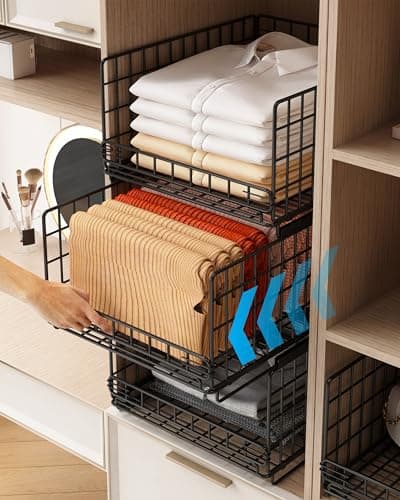 Image of UMDONX 3 Pack Pull out Wardrobe Storage Organiser Drawer Stackable Clothes Basket, Cupboard Cabinet Clothing Rack Inside Closet Wire Shelf (Durable Metal Black 20KG Load)