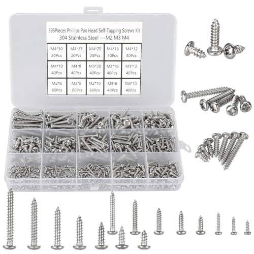 Image of FandWay 595Pcs Self Tapping Screws 304 Stainless Steel,M2 M3 M4 Small Wood Screws Assortment,Pan Head Self Drilling Screw,Round Head Sheet Metal Screw Phillips Drive for DIY Wood Repairs.