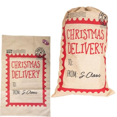 Image of SHATCHI Large Delivery Santa Sack 48x78 cm - Hessian Stocking Filler Gift Bag with Drawstring, Personalized North Pole Design Christmas Accessories, Beige