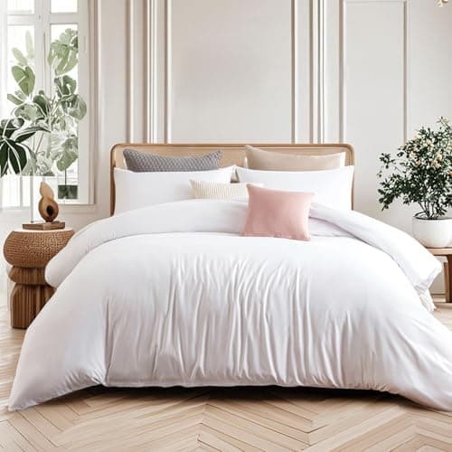 Image of Soifox Double Duvet Cover Set White - Soft Microfiber Duvet Cover 200 x 200 cm with 2 Pillowcases 50 x 75 cm, Non Iron Luxury Bedding Set with Zipper Closure