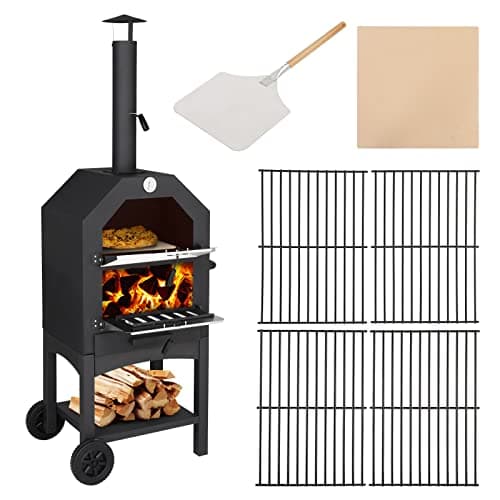Image of Outopee Outdoor Pizza Oven, Wood Fired Pizza Oven with Adjustable Chimney, Pizza Stone, Pizza Peel, Removable Wheels for Barbecue Camping Backyard Party