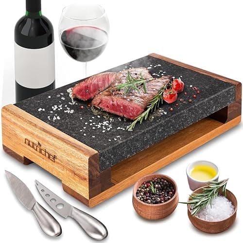 Image of Nutrichef Steak Stone, Grill Hot Stone Cooking Set,Hot Lava Rock Sizzling Plate for Steak BBQ with Stainless Steel Knives and Acacia Wood Serving Base, Cooks and Retains Heat and Flavor