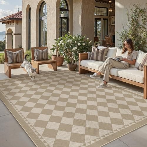 Image of PureCozy Outdoor Rug 200x300cm Rugs Living Room Garden Patios Waterproof Beige Coffee Large Outside Checkered Carpet Washable Anti Slip Jute Look Carpets Office Bedroom Dining Room Indoor Mat