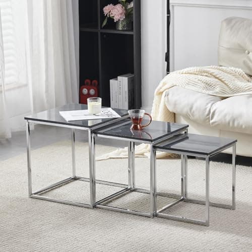 Image of Redd Royal High Glossing Nesting Table Set of 3, Living Room Small Side Sofa Table Coffee Table Set Square Corner Little End Table Stackable Marble Effect Wood with Chrome Frame Legs (Grey)