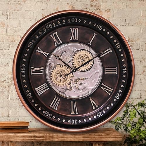 Image of OLOPALMA 60CM Wall Clock with Moving Gears,Oversized Large Industrial Steampunk Style, Antique Gold Metal Roman Numeral Wall Clocks for Farmhouse Living Room Decor