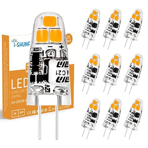 Image of I-SHUNFA 12V G4 LED Bulb,1.2W AC/DC 120LM Warm White 3000K Equivalent to 15W/20W Halogen Lamps Replacement,Non-dimmable,Highly Transparent Silicone,Crystal Spotlight Bulb 10Pack