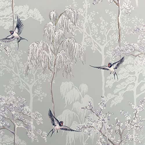 Image of Arthouse Japanese Garden Grey Wallpaper - Hand Drawn Oriental Trees - Birds on a Soft Grey Background - Handrawn Pattern - Pearlescent Highlights adds Texture - Create a Relaxing Effect - 908105