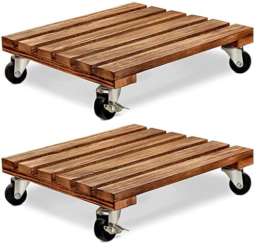 Image of PETSUPS 2 Pack Plant Caddy with Wheels 30cm Square Wooden Plant Pot Trolley Plant Pot Caddy with Metal Brake Wheel,Wheels Heavy Duty Rolling Plant Stand Plant Dolly for Indoor Outdoor Home Garden