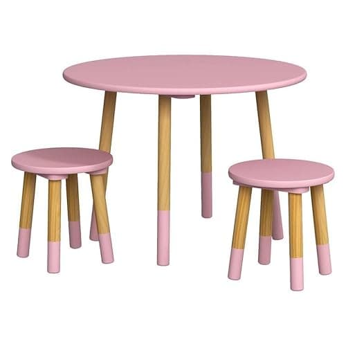 Image of URBNLIVING Kids Wooden Round Pink Table with 2 Chair Set Toddler Activity Set for Small Children, Boys & Girls, Natural Wood, Playroom or Bedroom Furniture, Perfect for Christmas or Birthday Gift