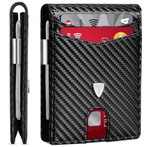 Image of TEEHON Mens Wallets Slim RFID Blocking Carbon Fiber Wallet with up to 12 Credit Card Holder, Strong Money Clip & ID Window Minimalist Bi-Fold Wallets for Men UK with Gift Box - Black