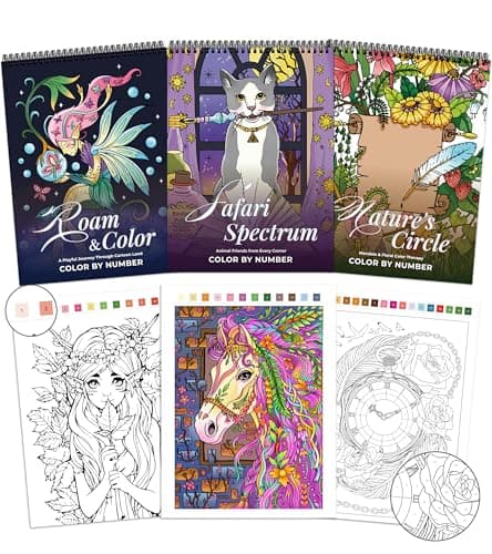 Image of TOYSKY Color by Numbers Adult Coloring Book Set of 3 – Spiral Bound Coloring Books for Relaxation & Stress Relief,Featuring Animals,Flowers,Mandalas & Cartoons–Gift for Women & Men